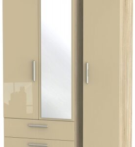 Knightsbridge Mushroom and Oak Effect 3 Door Combi Wardrobe - 1 Mirror and LHF 2 Drawers