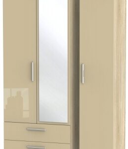 Knightsbridge Mushroom and Oak Effect 3 Door Tall Combi Wardrobe - 1 Mirror and LHF 2 Drawers