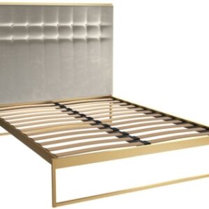 Federico Brass Metal Bed Frame with Mushroom Velvet Headboard - Sizes Available