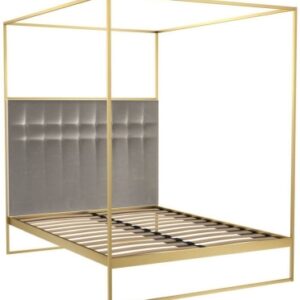 Federico 4 Poster Brass Metal Bed Frame with Mushroom Velvet Headboard - Sizes Available