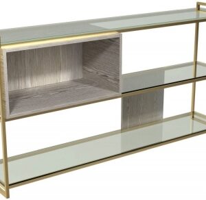 Federico Weathered Oak Low Open Shelving Unit with Brass Frame