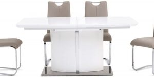 Flavio White Gloss Butterfly Extending Dining Set with 4 Gabi Taupe Chairs
