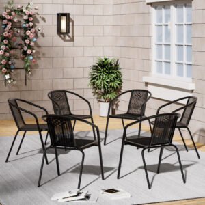 Set of 6 Black Garden Patio Metal Wicker Chairs