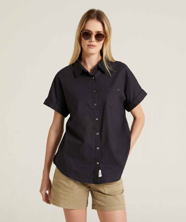 Ladies Short Sleeve Linen Blend Shirt - Navy