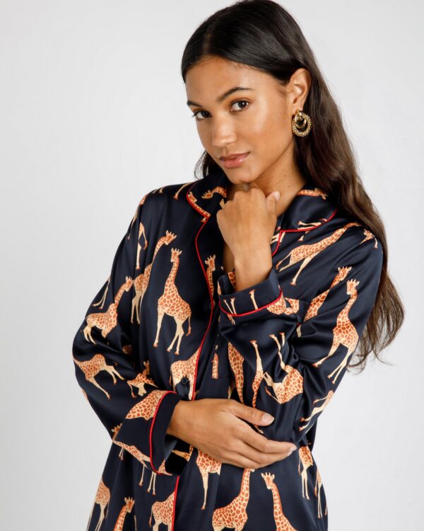 Satin Giraffe Print Long Pyjama Set - Navy