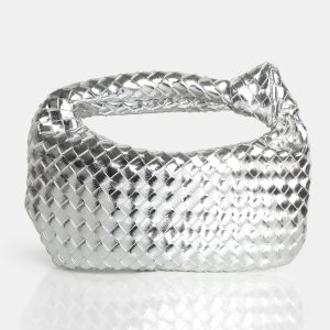 The Blame Metallic Silver Mirror Woven PU Knot Detail Mini Grab Bag