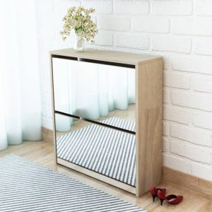 Celeste Oak Mirror Shoe Cabinet – 2-Layer Storage Elegance