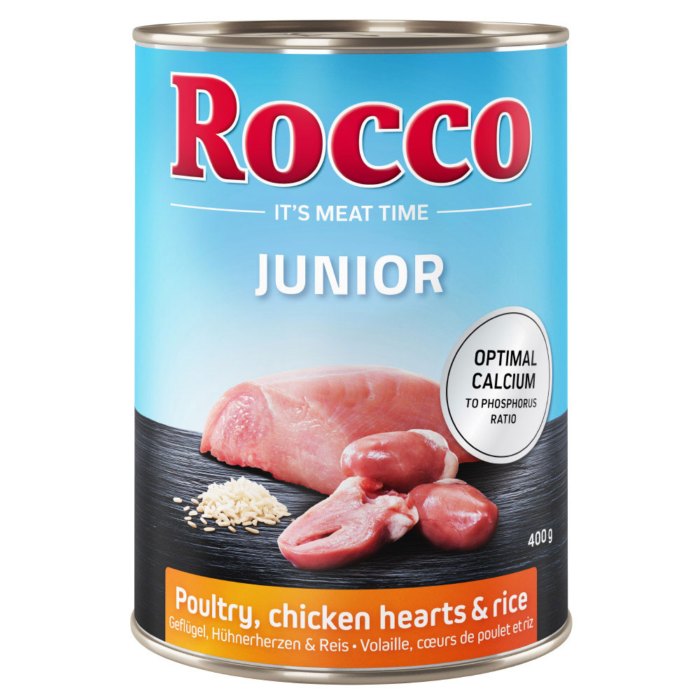 Rocco Junior Saver Pack 24 x 400g - Poultry with Chicken Hearts & Rice