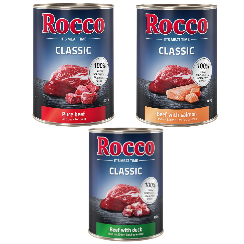 Rocco Classic Saver Pack 24 x 400g - Exclusive Mix: Pure Beef, Beef/Salmon, Beef/Duck
