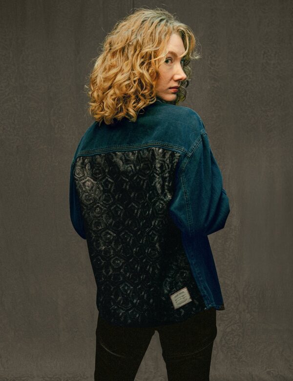 Party Back Shirt - Black Lace Art-Deco Sequin - Blue Denim | Size: M