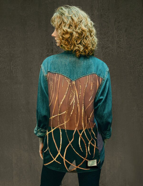 Party Back Shirt - Gold Art-Deco Sequin - Blue Denim | Size: L