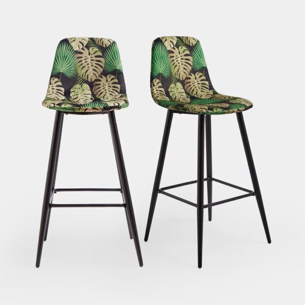 VonHaus Bar Stools Set of 2 - Velvet Black Kitchen Stools with Back Rests - Tropical Palm Leaf Print Breakfast Bar Stools - Modern Upholstered Kitchen