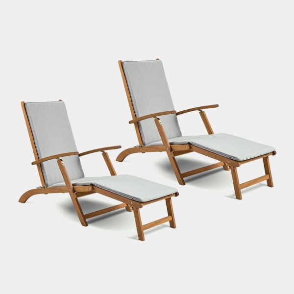 Set of 2 Grey Sun Lounger Steamer Chairs With Cushion