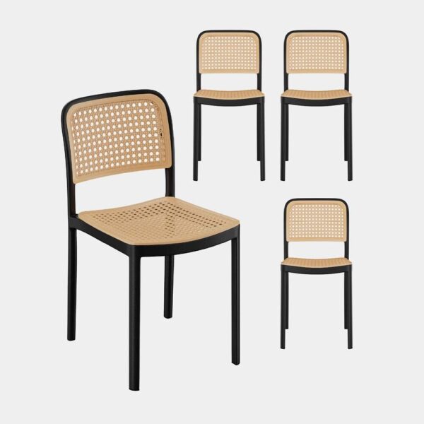 VonHaus Dining Chairs Set of 4 - Black & Natural Rattan Effect Kitchen Chairs - Compact & Stackable Plastic Chairs - Modern Boho Style Chairs