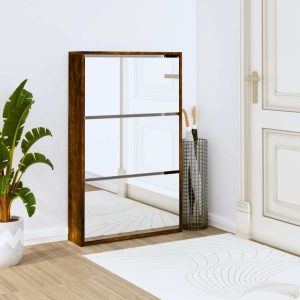 Prestige Smoked Oak Mirror Shoe Cabinet – 3-Layer Elegance