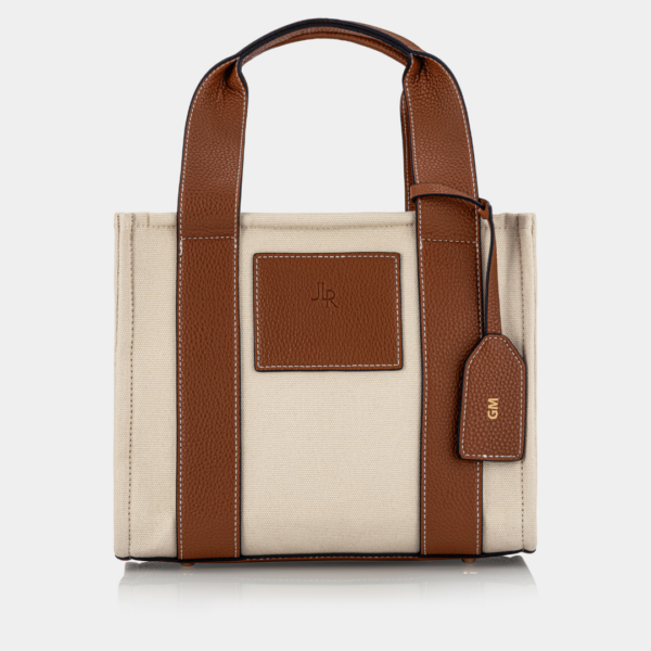 Women's Porto Midi Tan luxe vegan leather and canvas tote bag