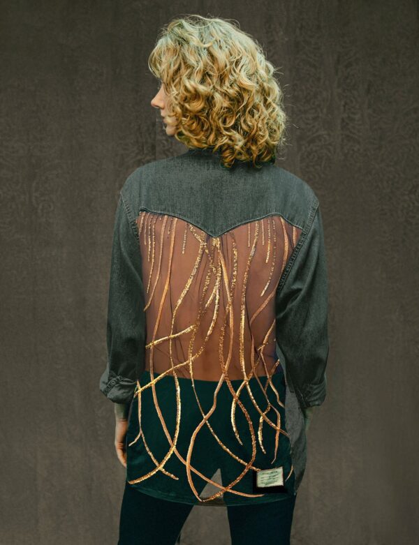 Party Back Shirt - Gold Art-Deco Sequin - Grey Denim | Size: S