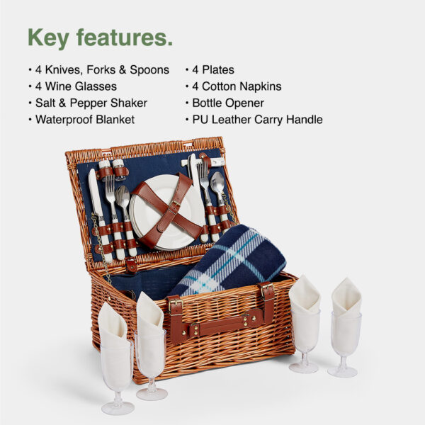 4 Person Navy Wicker Picnic Basket - Image 3