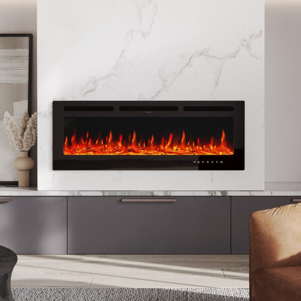 60 Inch Recessed/Wall Mounted Electric Glass Fireplace with Remote 12 Colours