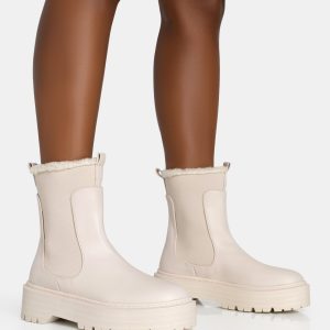 Alpine Cream Pu Faux Fur Trim Elasticated Ankle Chunky Ankle Boots