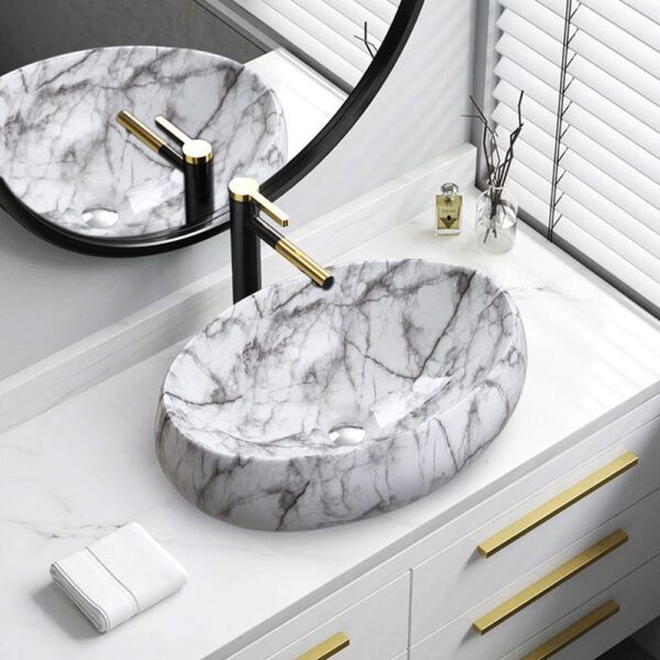 48cm W Oval Marble Countertop Basin Ceramic Vessel Sink