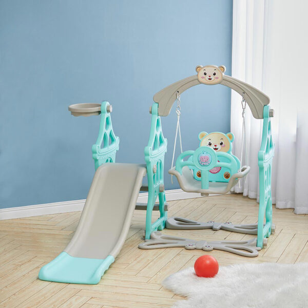Kids Swing Slide and Basketball Hoop 3 in 1 Play Game Center Green
