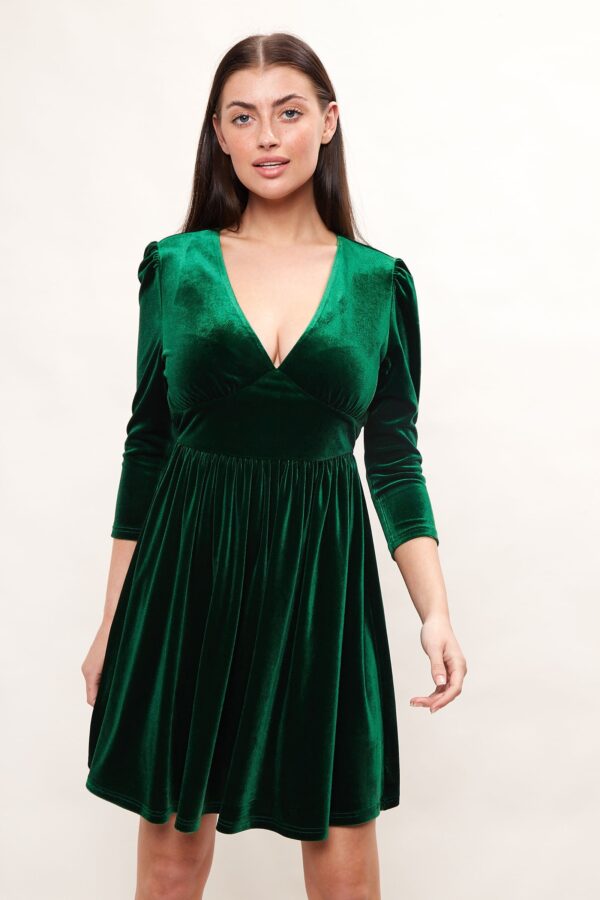 Annalise Velvet V Neck Fit And Flare Mini Dress - Green