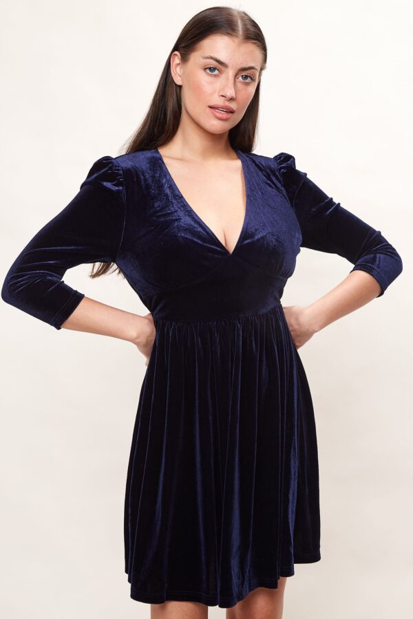 Louche Annalise Velvet V Neck Fit And Flare Mini Dress - Navy