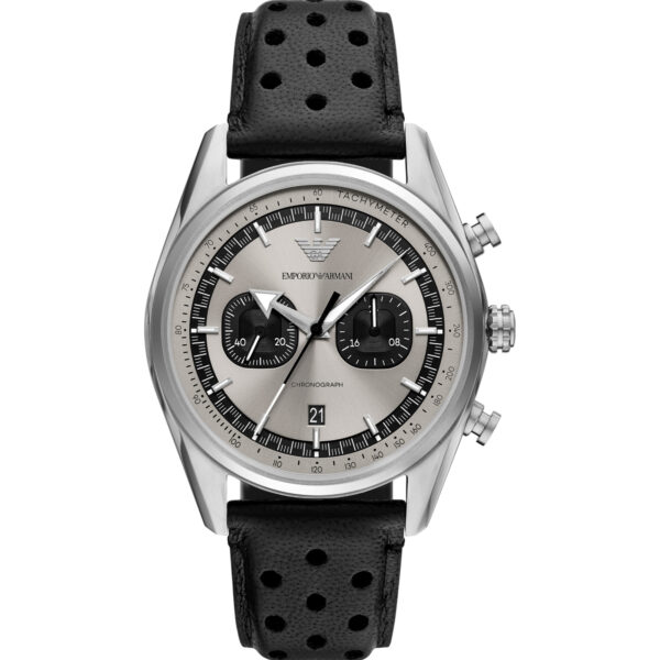 Emporio Armani Chronograph Grey Dial Black Leather Men's Watch AR11677