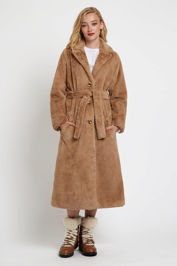 Arinette Faux Fur Tie Waist Midi Coat - Camel