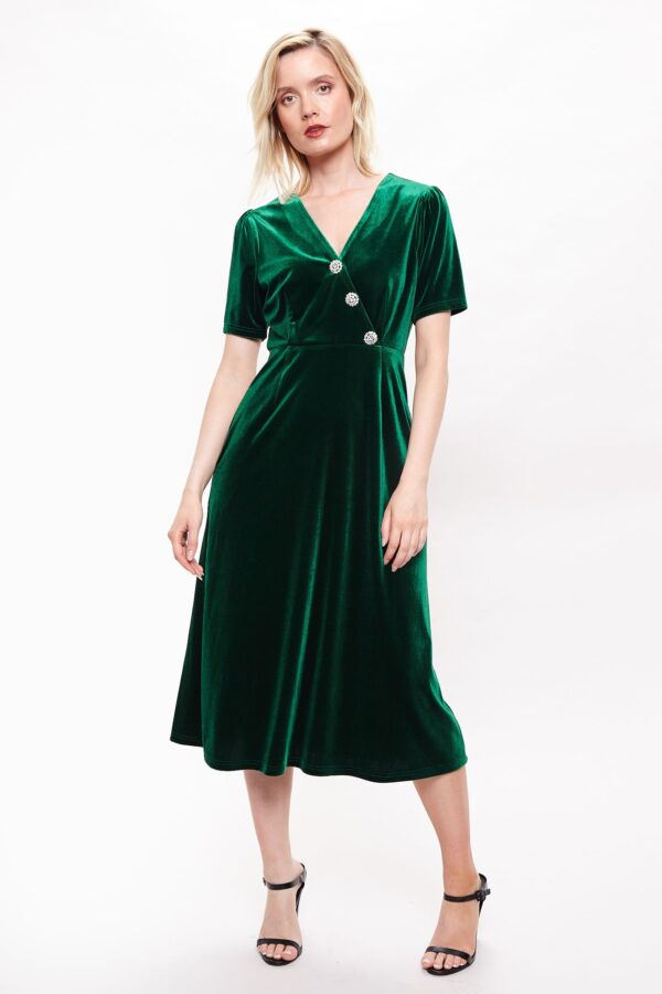 Avi Velvet Diamante Button Midi Dress - Green