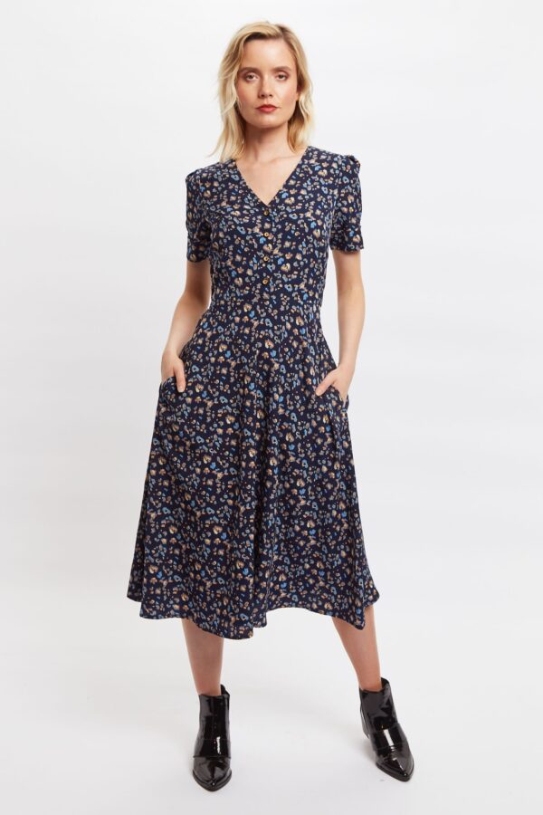 Louche Avril Animal Blues Print Midi Tea Dress