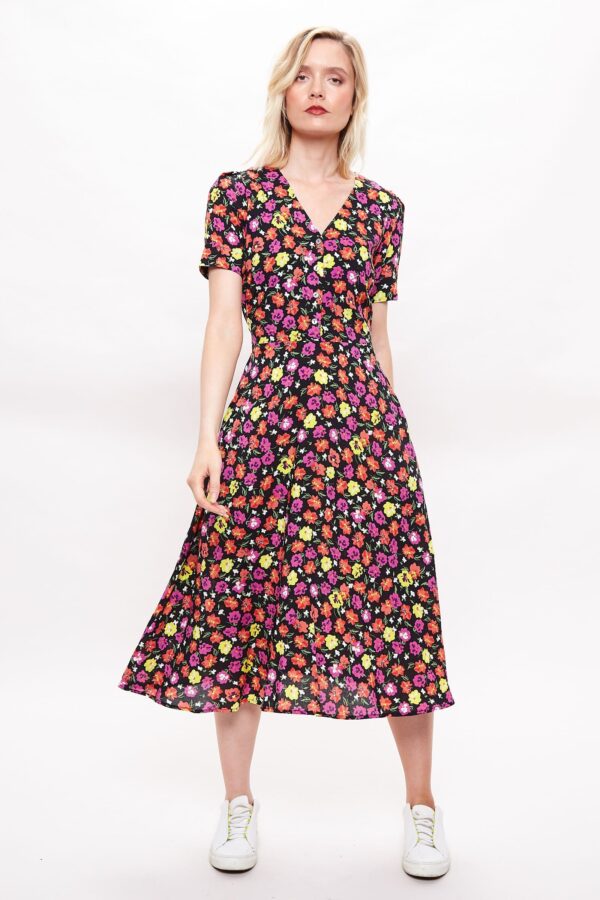 Louche Avril Summer Bloom Print Short Sleeve Midi Tea Dress