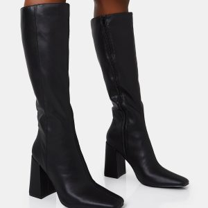 Apology Wide Fit Black Pu Knee High Block Heel Boots