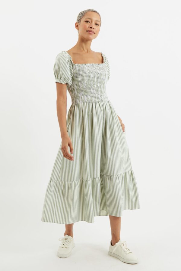 Babette Sail Stripe Shirred Bodice Midi Dress Green