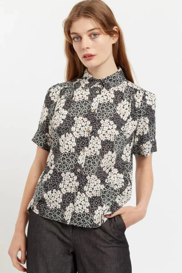 Barclay Flower Patch Print Short Sleeve Blouse in Black & White