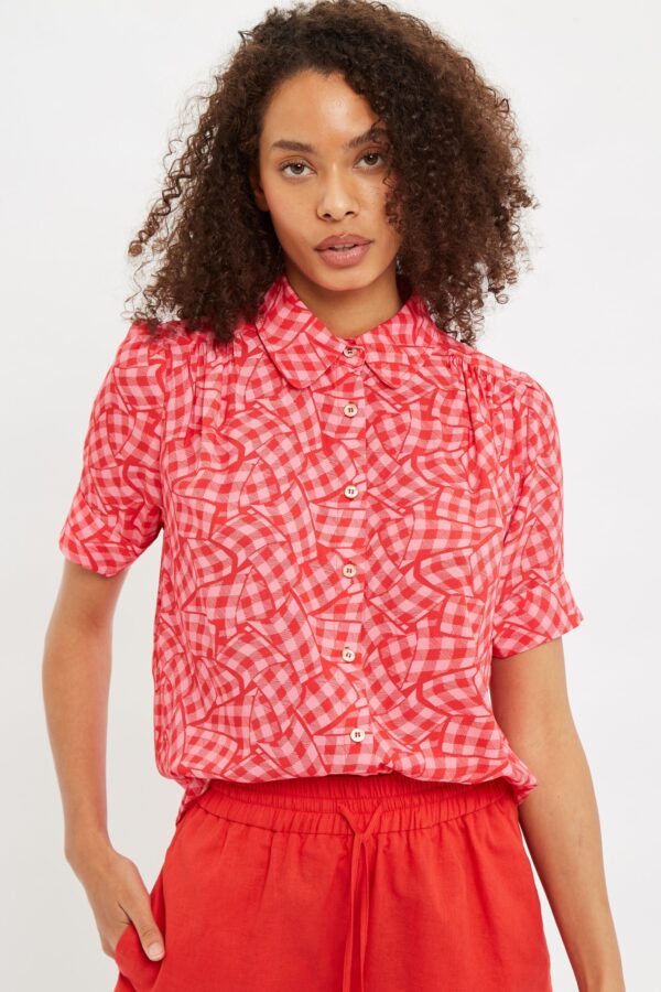 Louche Barclay Gingham Twist Print Short Sleeve Blouse