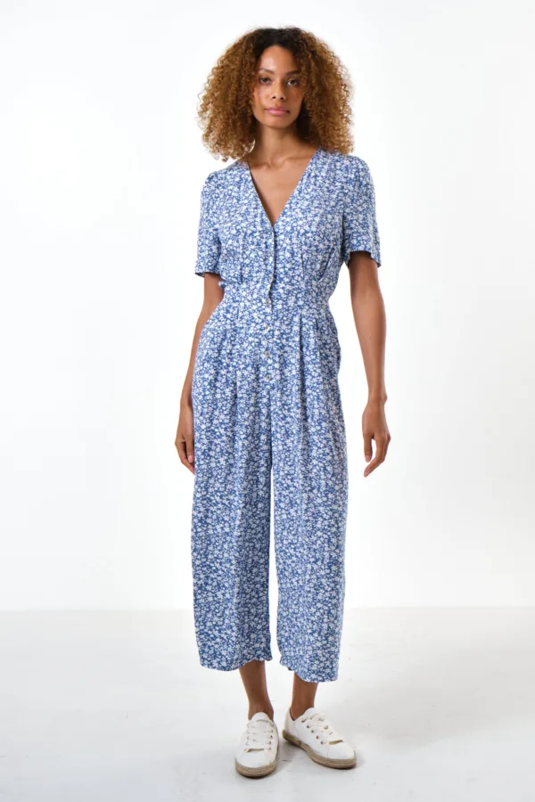 Belen Micro Blossom Print Short Sleeve Jumpsuit In Blue