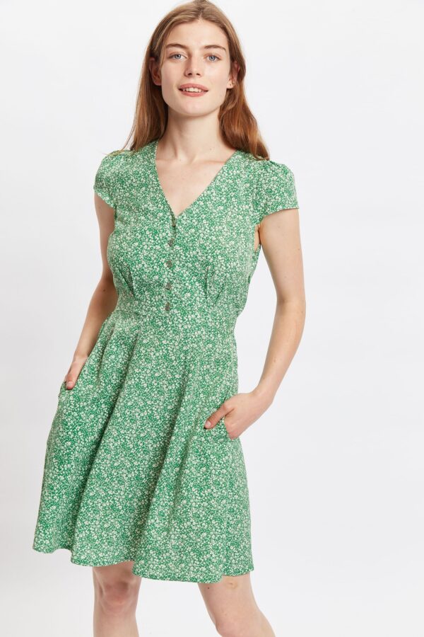 Louche Cathleen Micro Flower Print Mini Tea Dress - Green