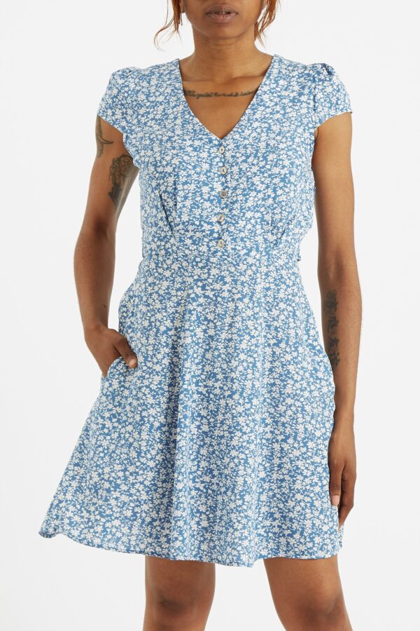 Louche Cathleen Micro Blossom Print Mini Tea Dress In Blue