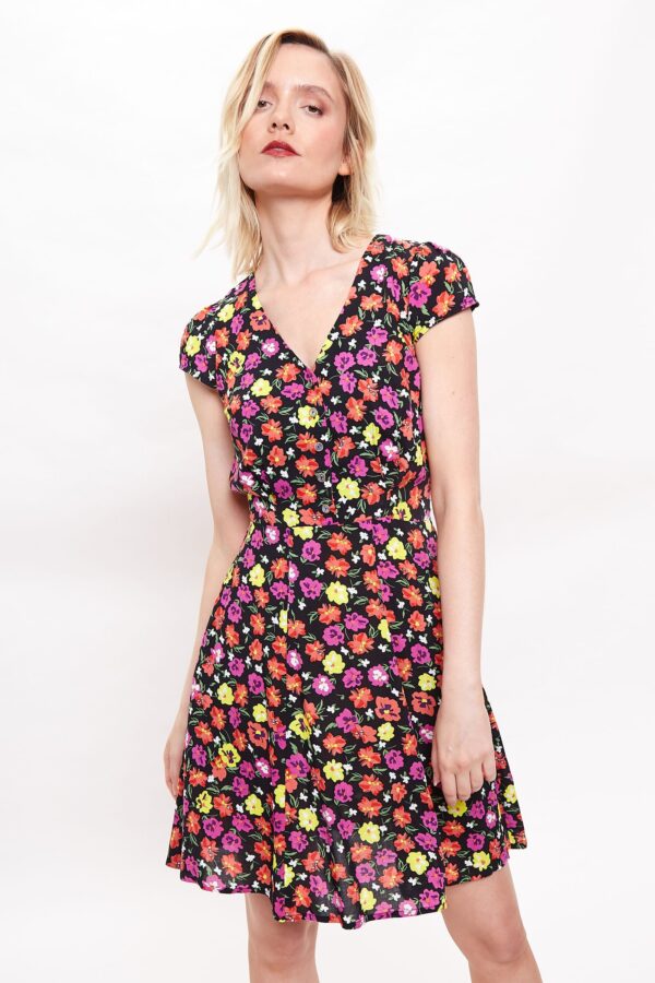 Louche Cathleen Summer Bloom Print Mini Tea Dress - Black