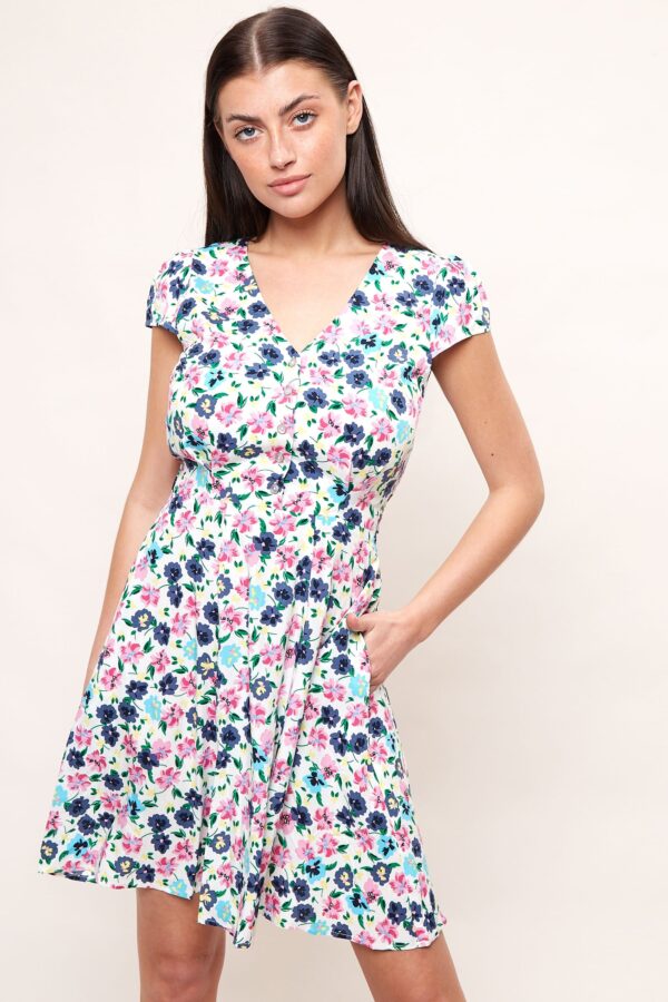 Louche Cathleen Summer Bloom Print Mini Tea Dress - White