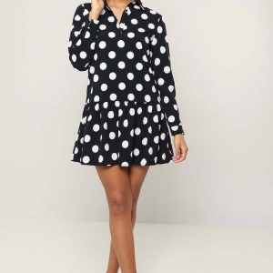 Urban Bliss Cleo Black Spot Frill Mini Shirt Dress / 8