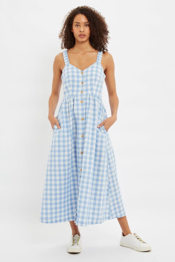 Clover Picnic Check Button Through Midi Sundress - Blue