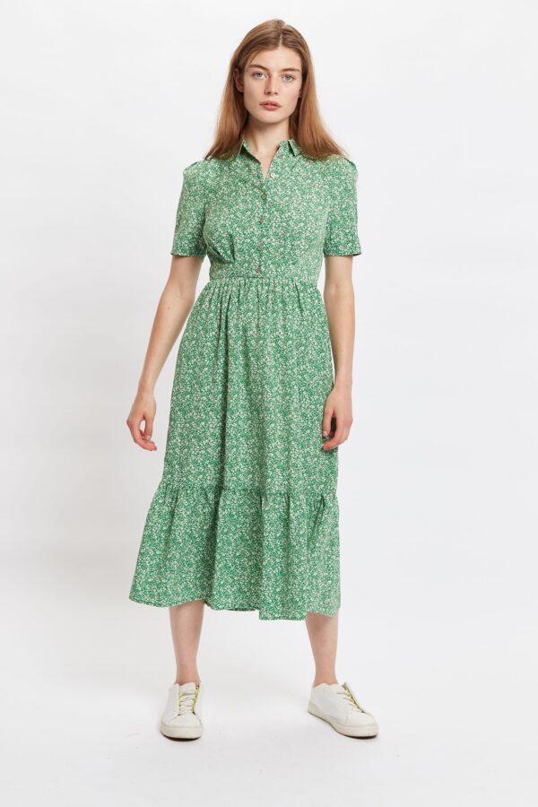 Louche Colleen Micro Flower Print Short Sleeve Tie Midi Dress - Green