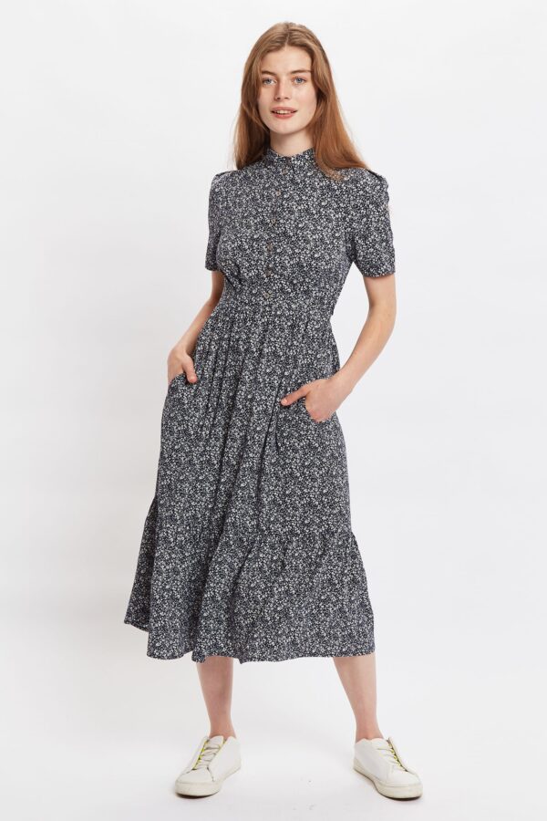 Colleen Micro Flower Print Short Sleeve Tie Midi Dress - Navy