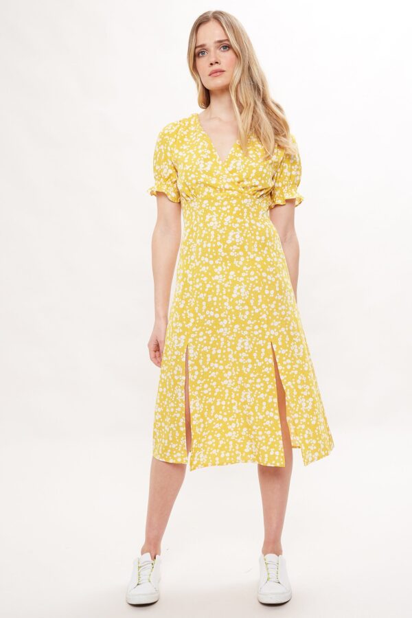 Corina Flower Dot Print Midi Tea Dress - Mustard