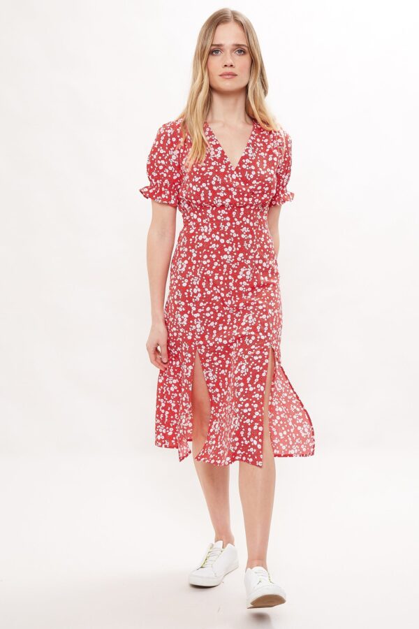 Corina Flower Dot Print Midi Tea Dress - Red