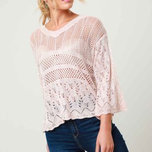 Urban Bliss Violet Pink Crochet V Neck Knitted Jumper / M