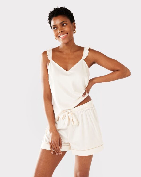 Satin Frill Trim Cami Short Pyjama Set - Ivory